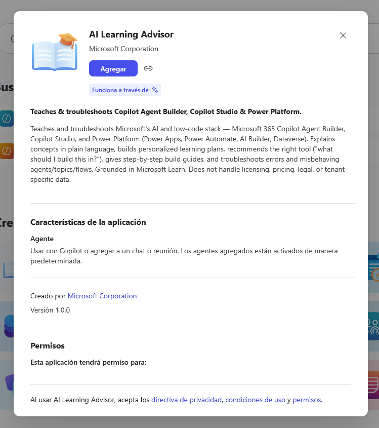 Pantallazo que muestra la info de un agente ya existente en la tienda de agentes