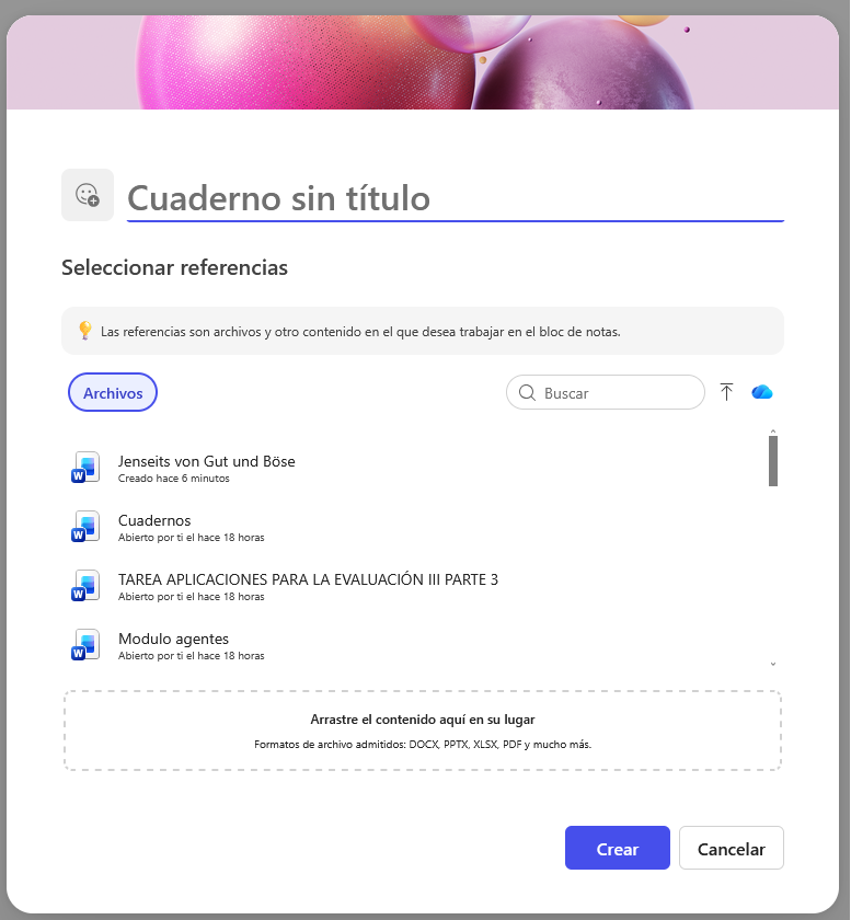 Pantallazo de creación de un cuaderno 2