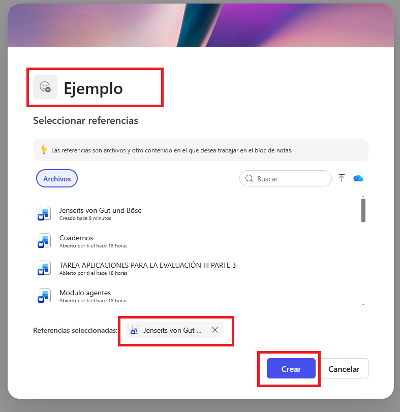 Pantallazo de creación de un cuaderno 4