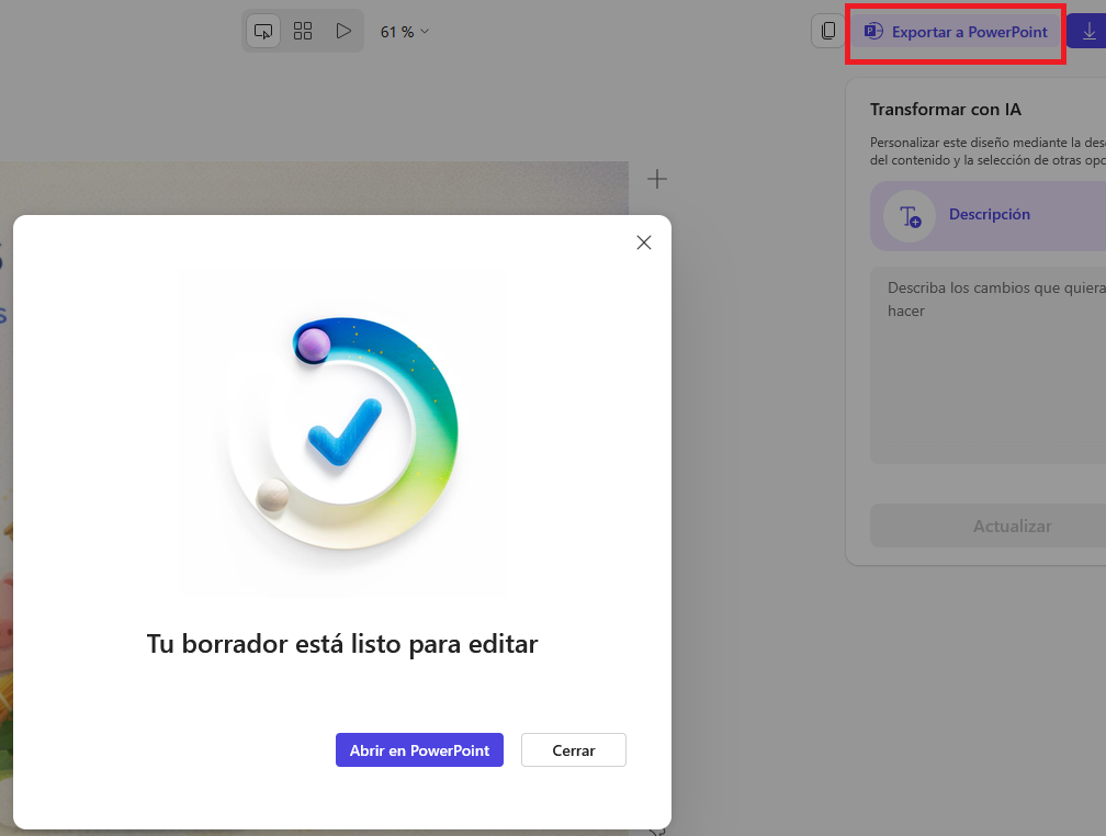 Pantallazo de herramienta Crear una historia. Exportar a Power Point