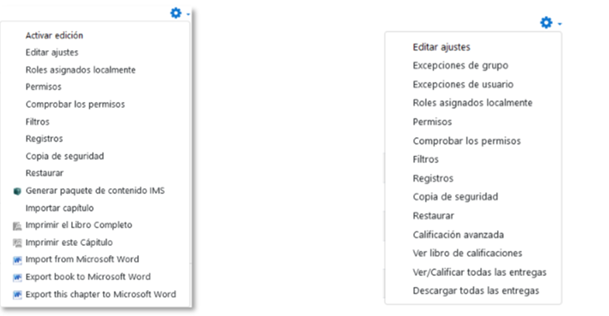 Administración de un curso (libro) y administración de la actividad (tarea)