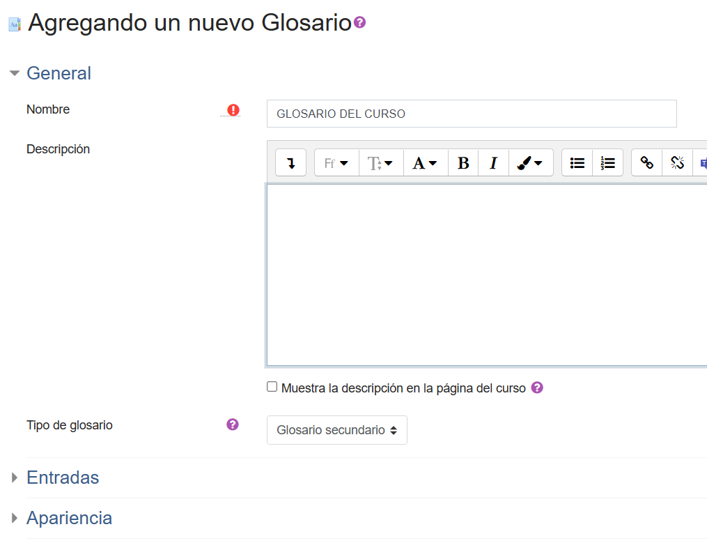 Agregar nuevo Glosario
