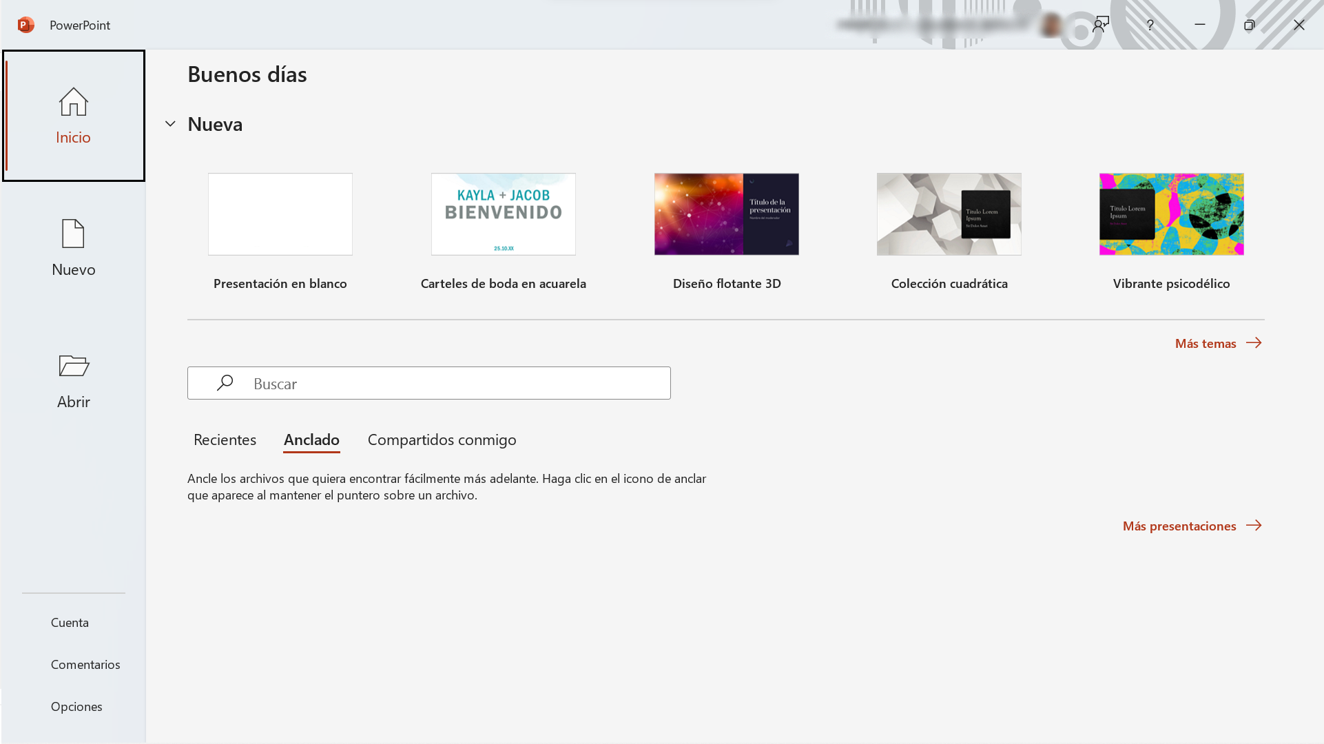 Ventana de inicio de PowerPoint