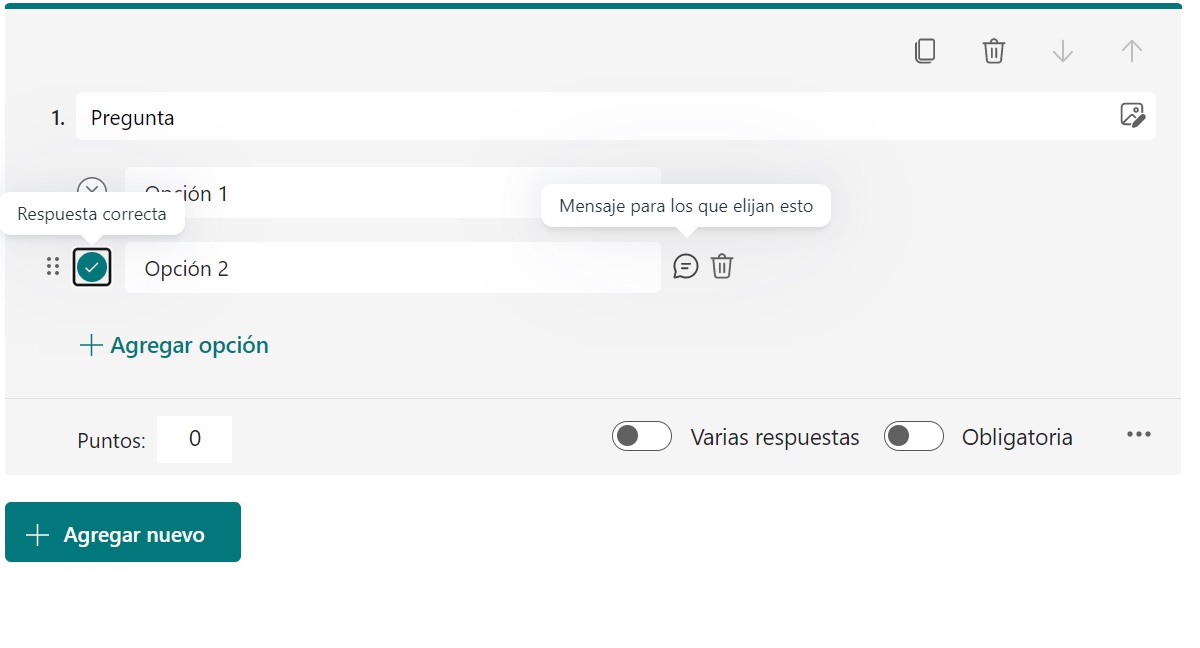 OPCIONES DE CONFIGURACIÓN DE UNA PREGUNTA CAPTURA PANTALLA FORMS