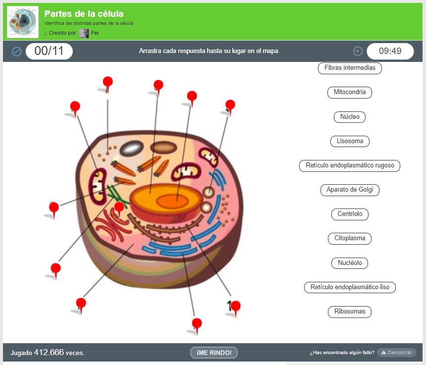 Ejemplo de juego creado con Cerebriti: Partes de la célula. 