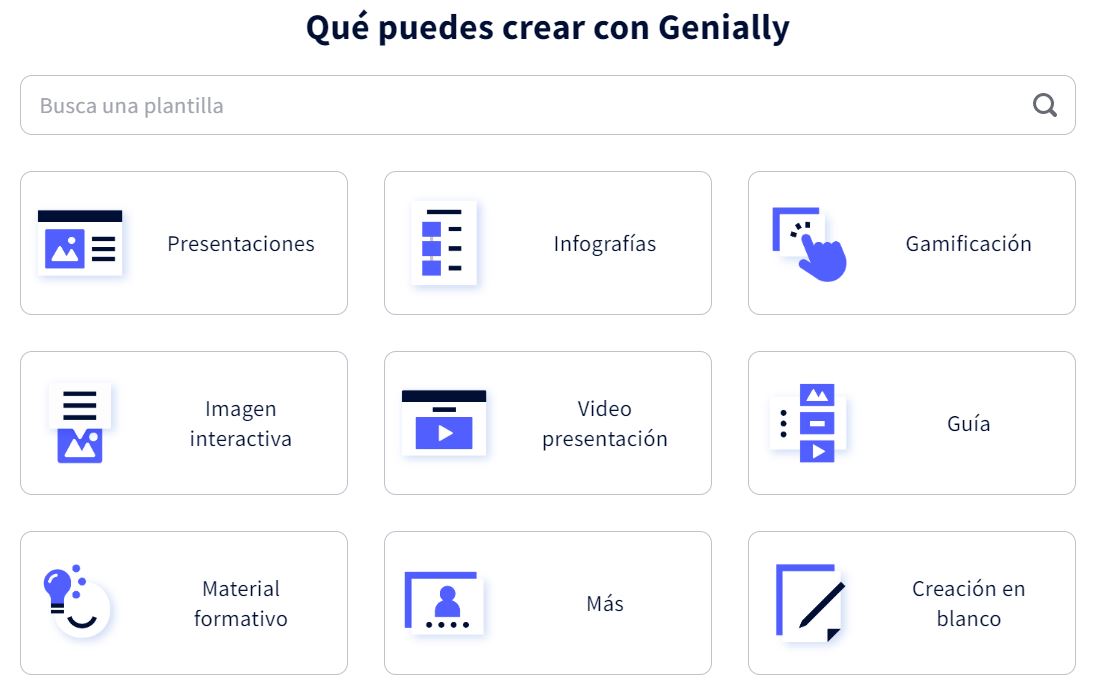 Opciones de los diferentes trabajos que puedes crear con Genially