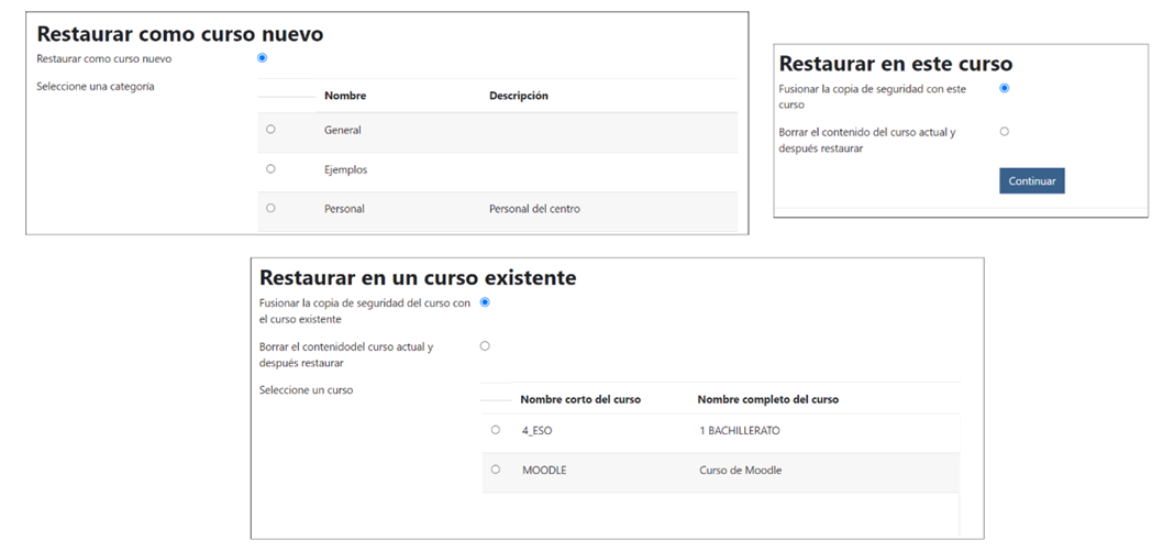Opciones de restauración