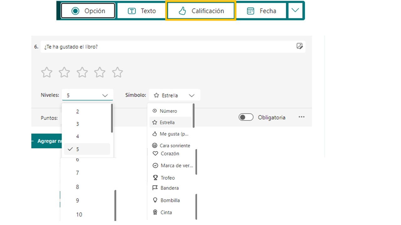 Preguntas de calificación Captura pantalla Forms