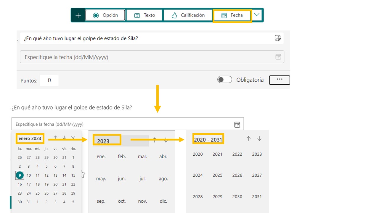 Preguntas con fecha Captura pantalla Forms