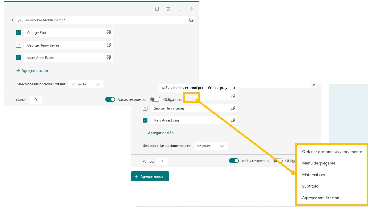 Más opciones de configuración por pregunta Captura de pantalla