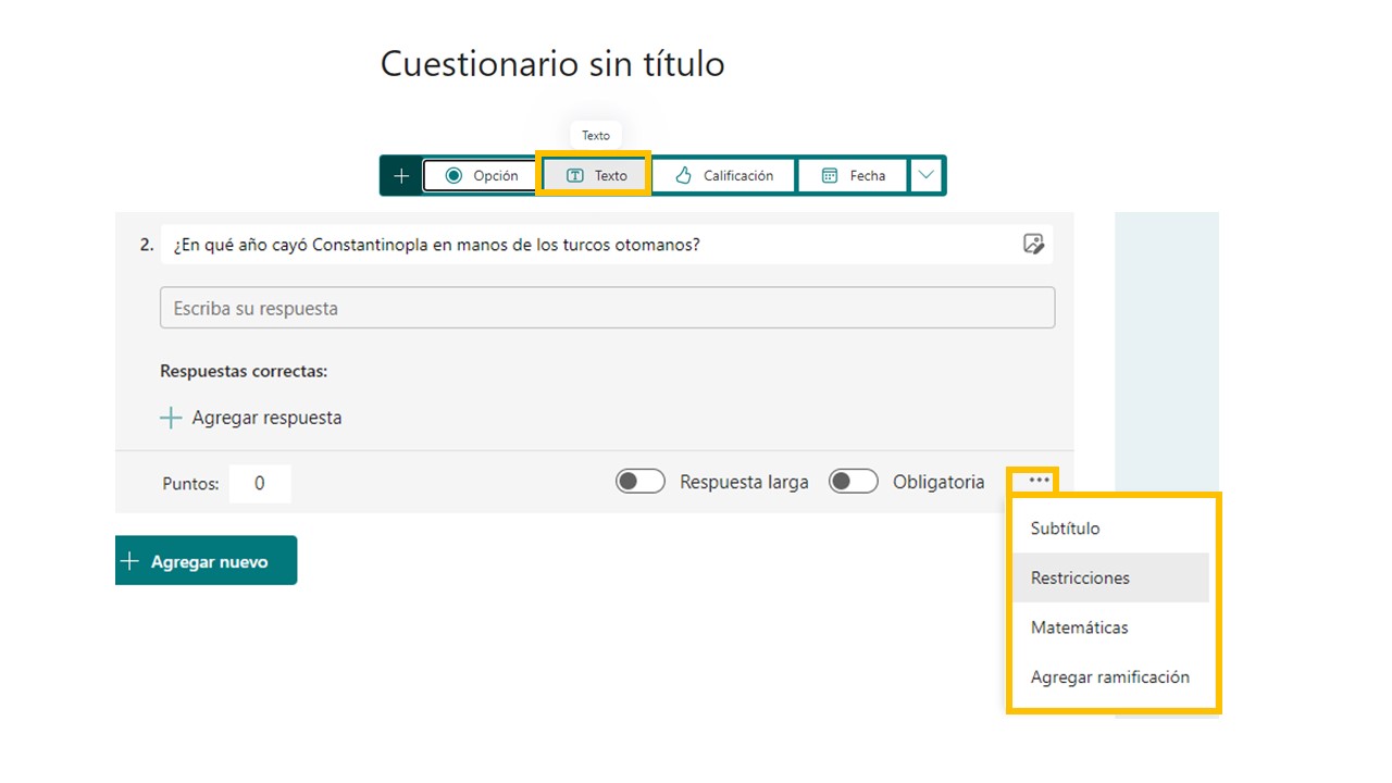 Preguntas tipo Texto con restricciones. Captura poantalla