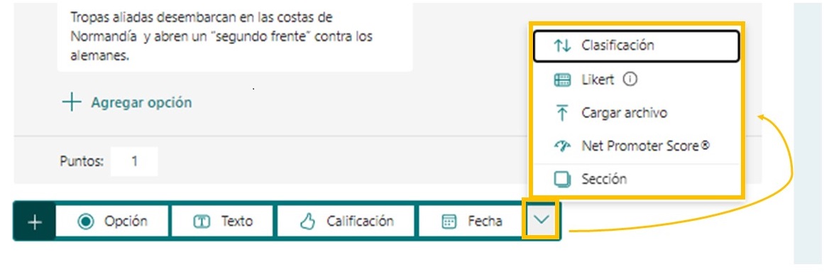 Más tipos de preguntas Captura pantalla Forms