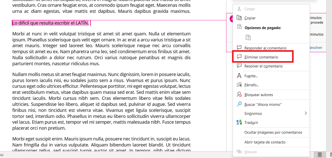 Eliminar un comentario en Word.