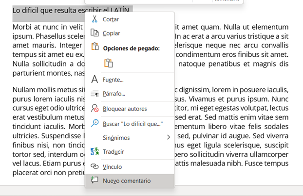 Creación de comentarios en Word 1.