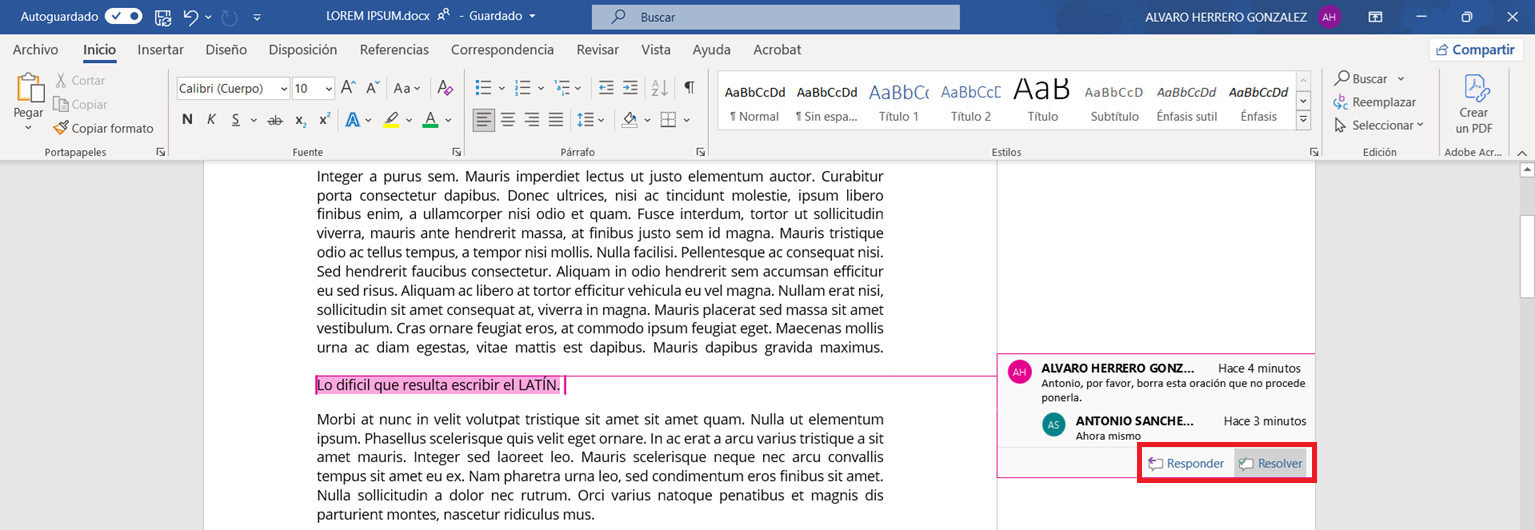 Responder y resolver comentarios en Word.