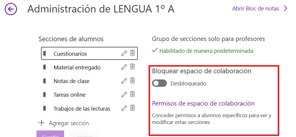 Pantallazo de la ruta para seleccionar los permisos del espacio de colaboración