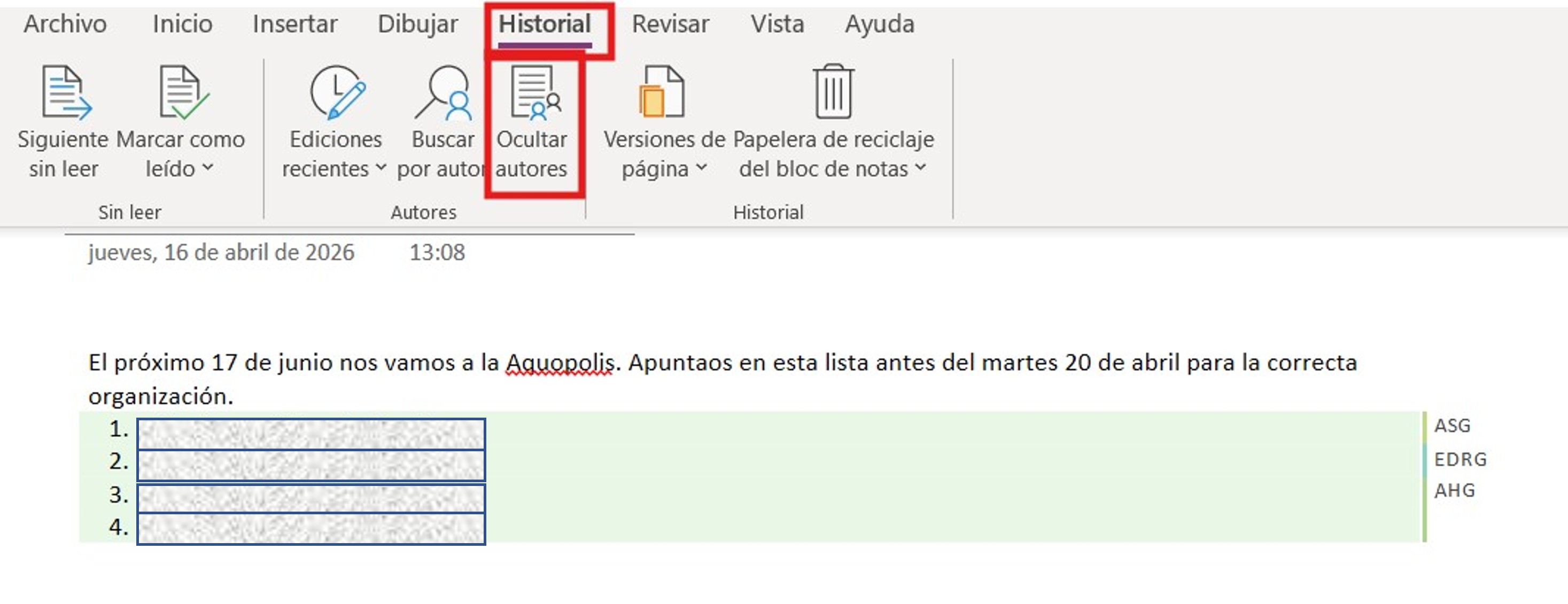 Pantallazo que muestra la ruta para ocultar autores 