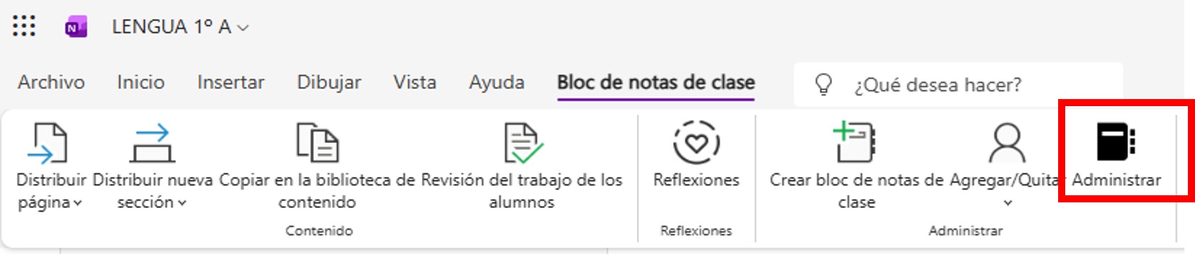Pantallazo de Class Notebook con selección del botón administrar