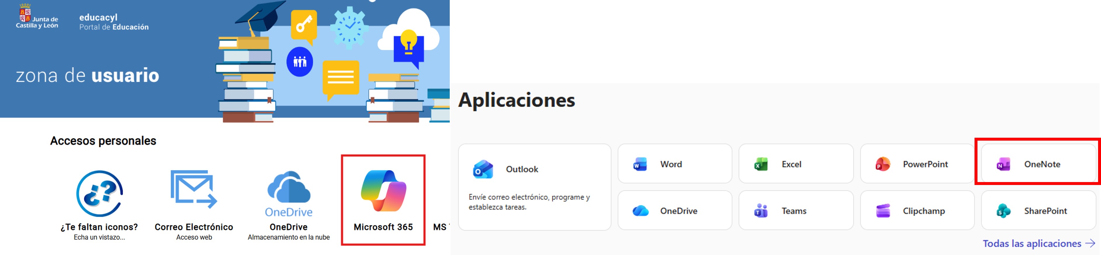 pantalla general para llegar a One Note