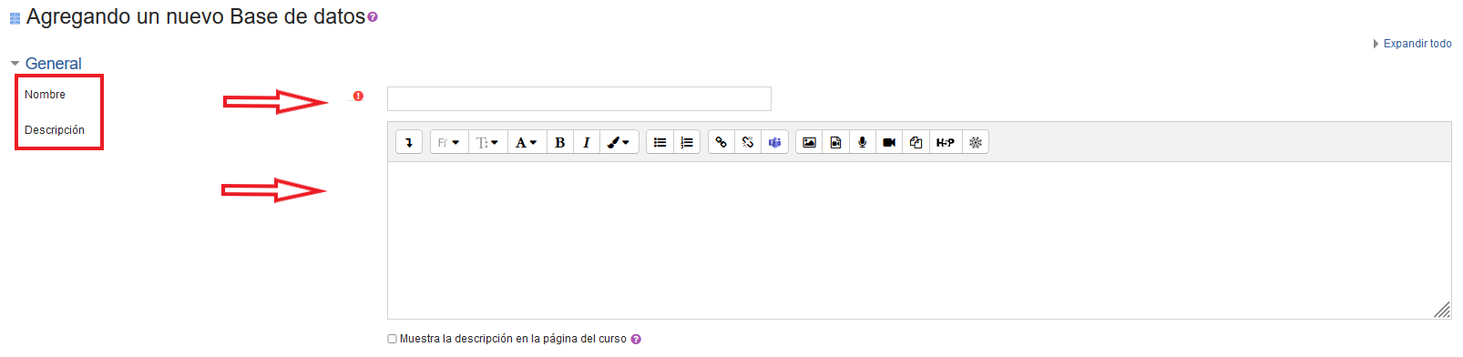 Nombre y descripción base de datos