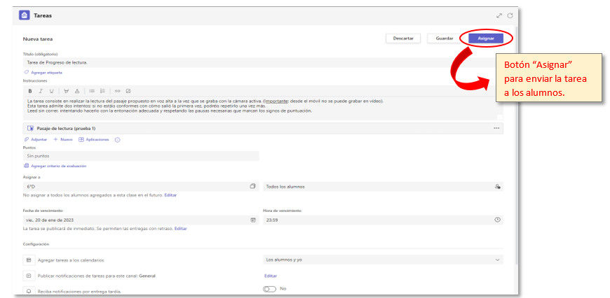 Configuración actividad de lectura