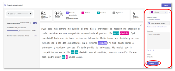 Valorar y devolver tarea de lectura