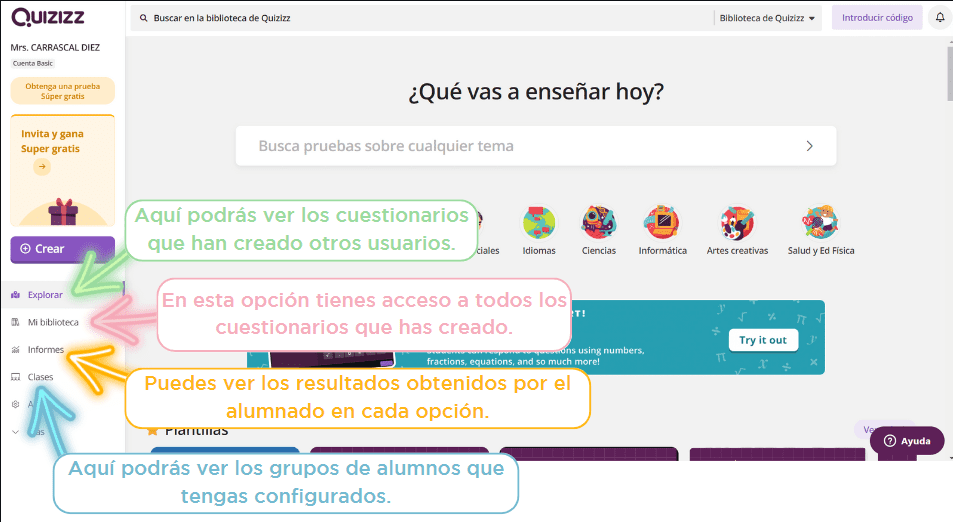 Funciones panel principal quizizz