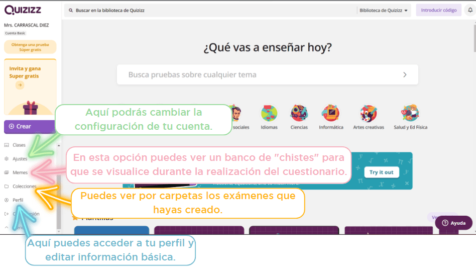 Funciones panel principal quizizz