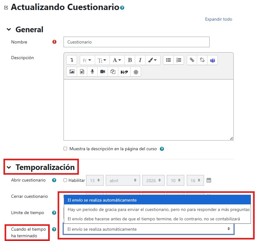 Configuración de cuestionarios