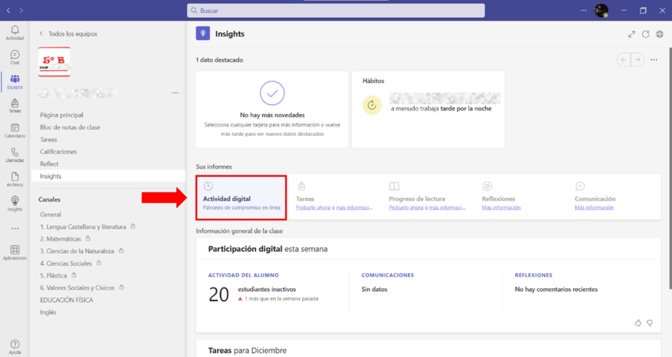 Captura de pantalla para explicar el acceso a la información del panel de actividad digital
