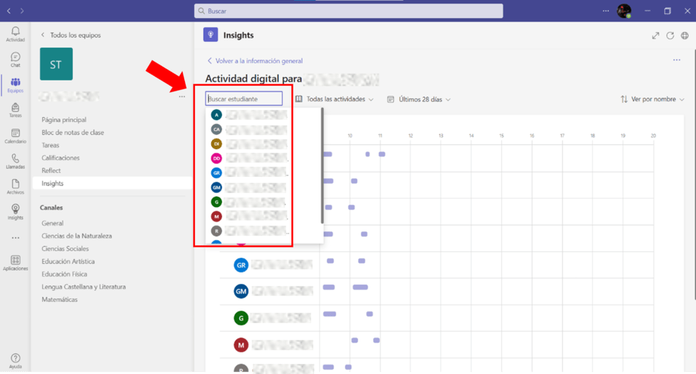 Captura de pantalla para explicar el filtrado de datos por alumno