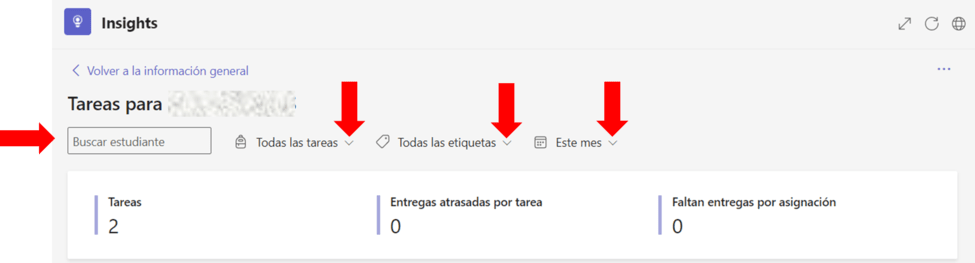 Captura de pantalla que explica el filtrado de datos en el panel de Tareas de Insight
