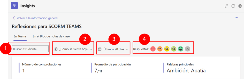 Captura de pantalla para explicar el filtrado de datos en el panel de Reflexiones de Insights en Teams