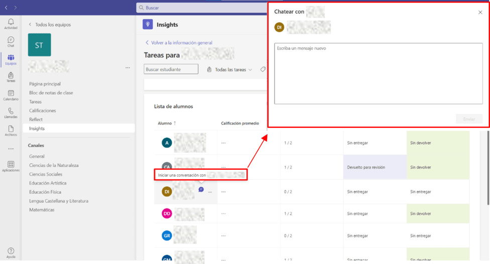 Captura de pantalla explicativa sobre cómo enviar mensajes de retroalimentación a un alumno desde el panel de tareas de insights en Teams