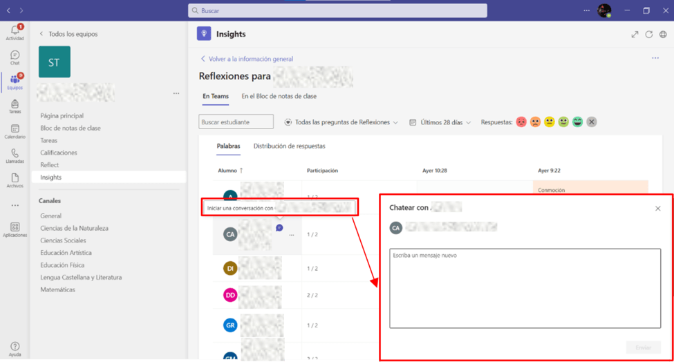 Captura de pantalla explicativa sobre cómo enviar un mensaje de retroalimentación a un alumno desde el panel de Reflexiones de Insights de Teams