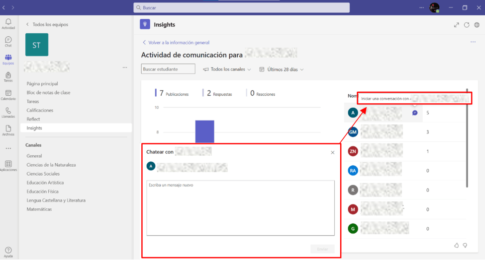 Captura de pantalla explicativa sobre cómo enviar un mensaje de retroalimentación a un alumno desde el panel de Comunicación de Insights en Teams