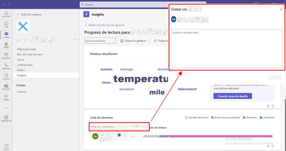 Captura de pantalla explicativa sobre cómo enviar un mensaje de retroalimentación a un alumno desde el panel de Progreso de Lectura de Teams