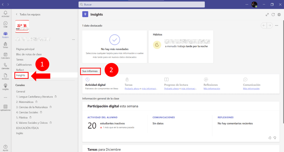 Captura de pantalla que explica como acceder a los diferentes paneles de Insights