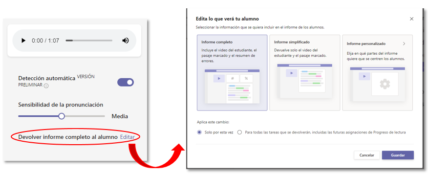 Configuración informe para alumno