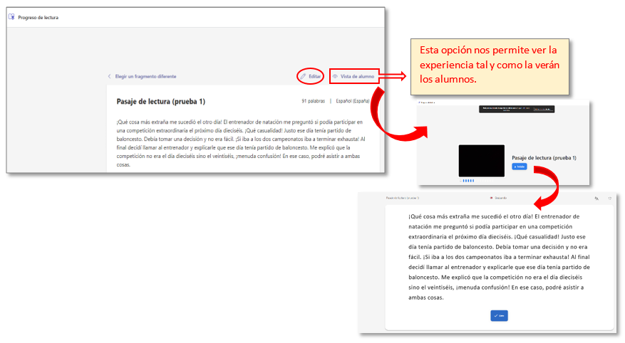 Editar texto de lectura y vista del alumno