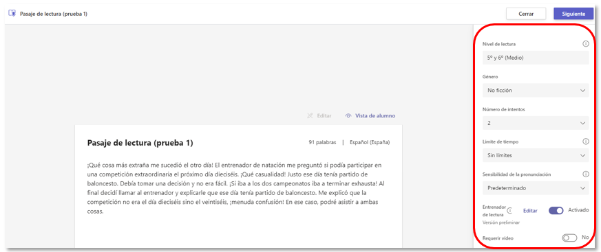 Menú de configuración de la actividad