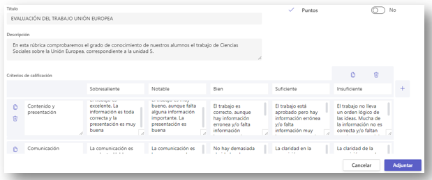 Ejemplo de aplicación en el aula. Creación de una rúbrica