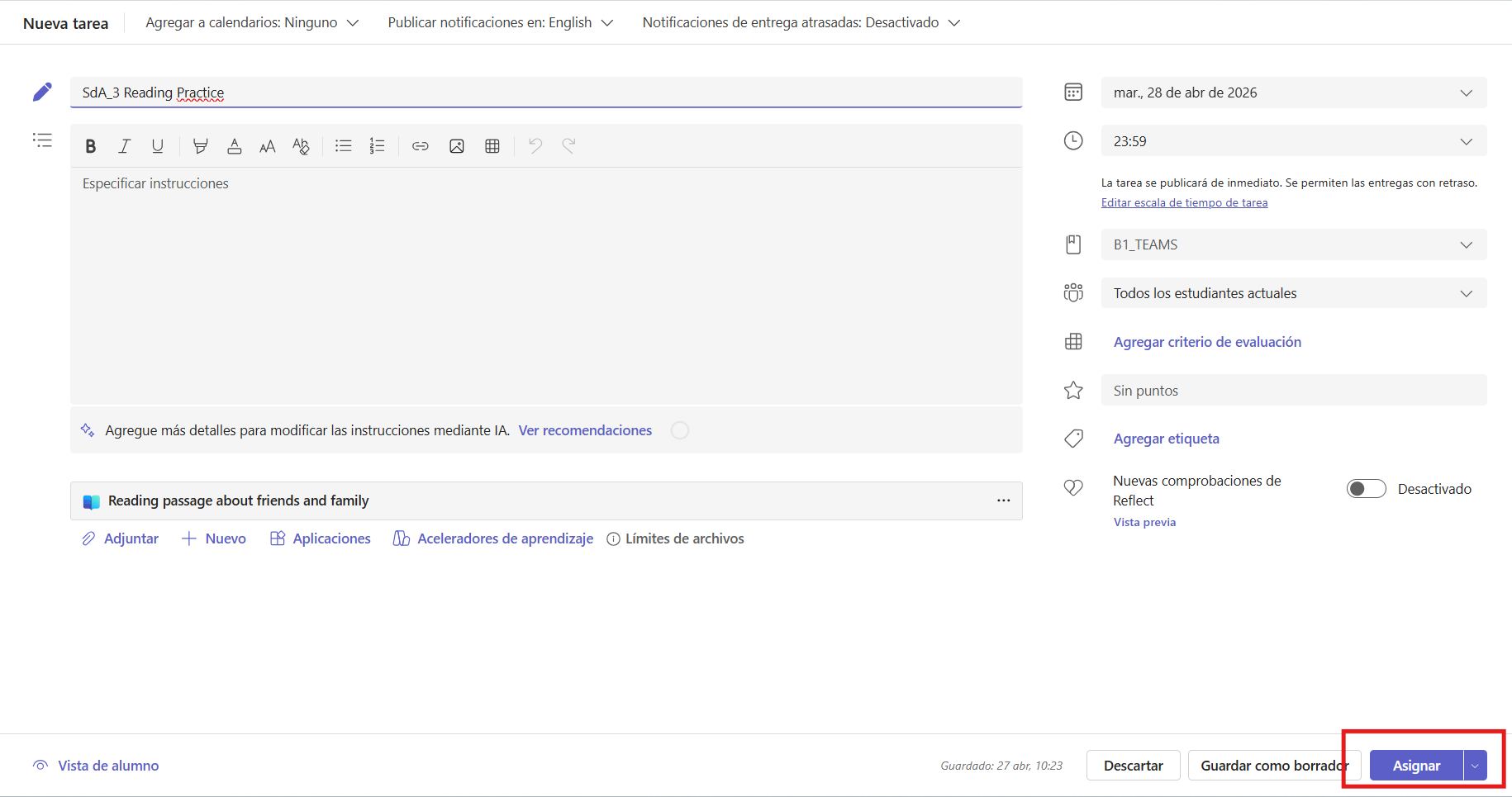 Captura de pantalla que muestra la configuración de una tarea en Microsoft Teams