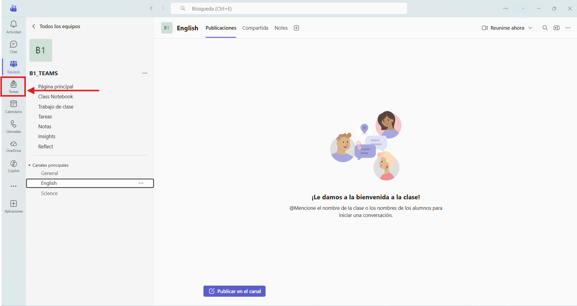 Captura de pantalla de la aplicación Microsoft Teams que muestra dónde pulsar para crear una tarea.