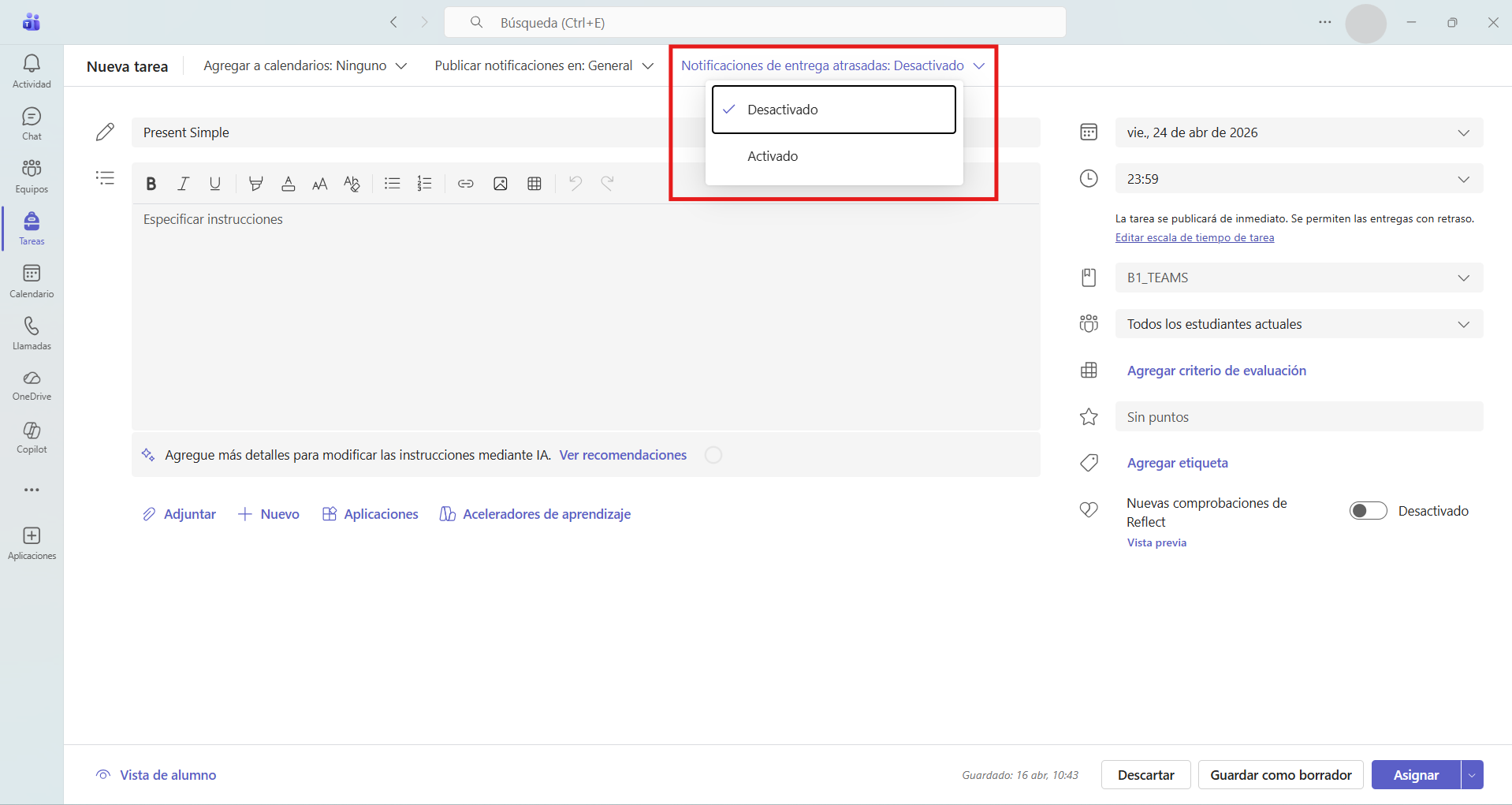 Captura de pantalla que muestra cómo configurar las notificaciones cuando se realicen entregas atrasadas de tareas en Microsoft Teams