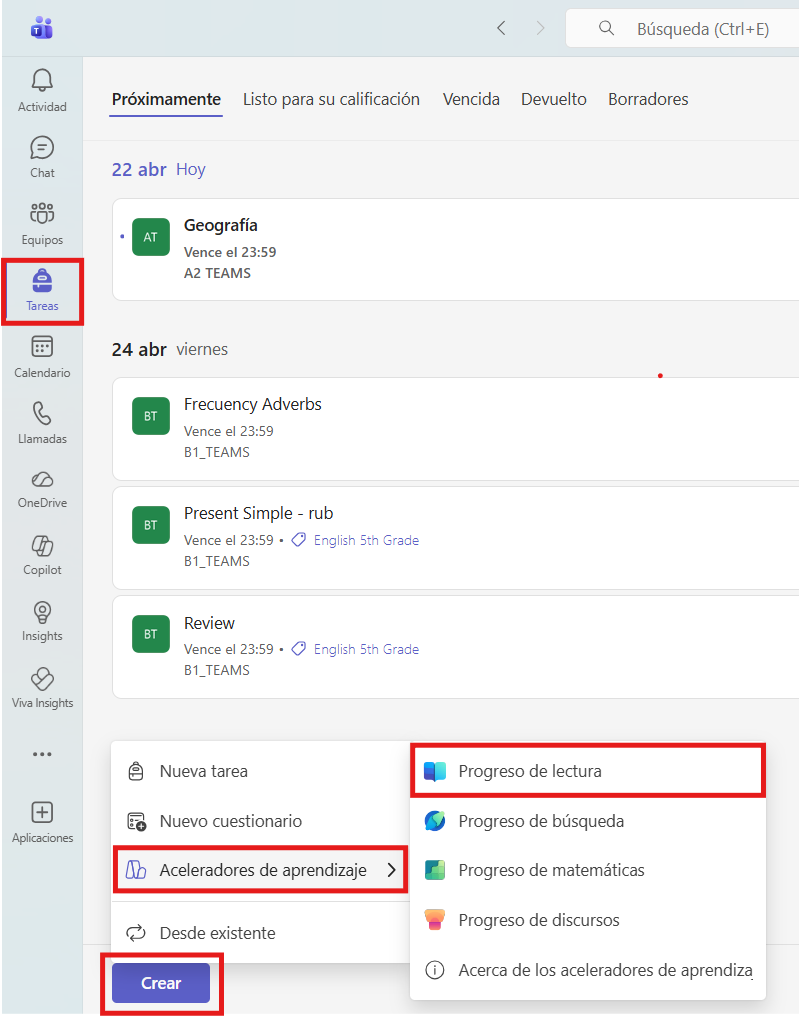 Captura de pantalla que muestra cómo crear un Progreso de lectura en Microsoft teams