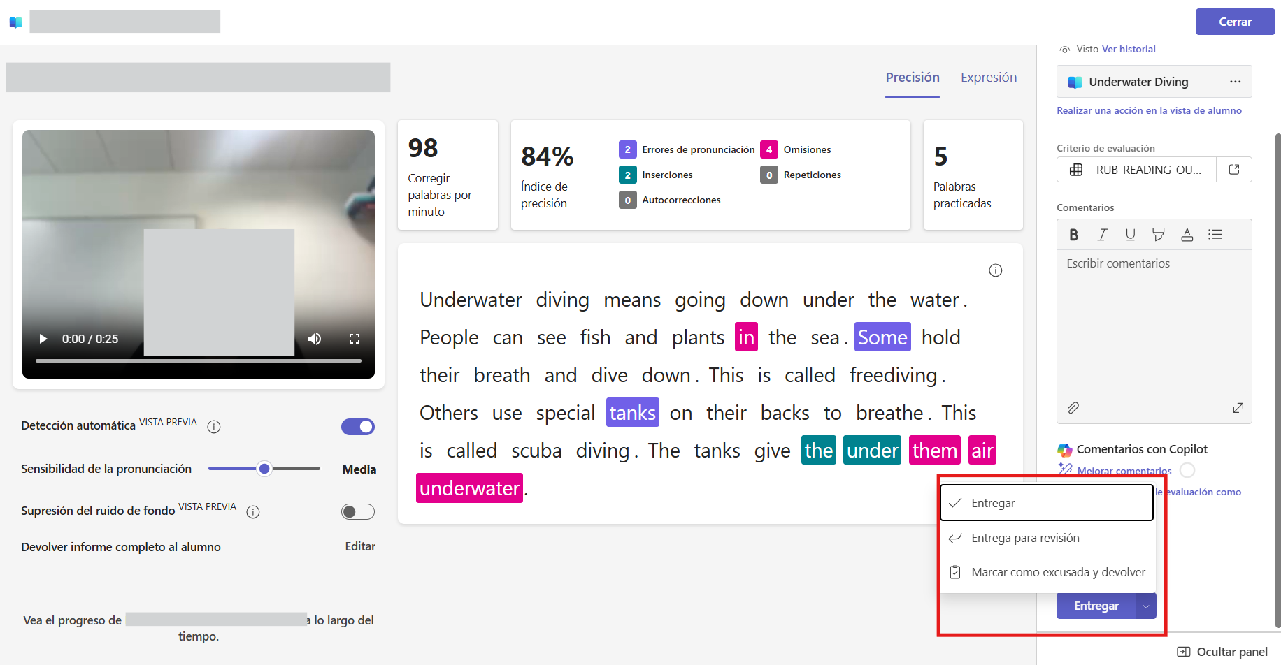Captura de pantalla que muestra la devolución de una tarea al alumnado en Microsoft Teams