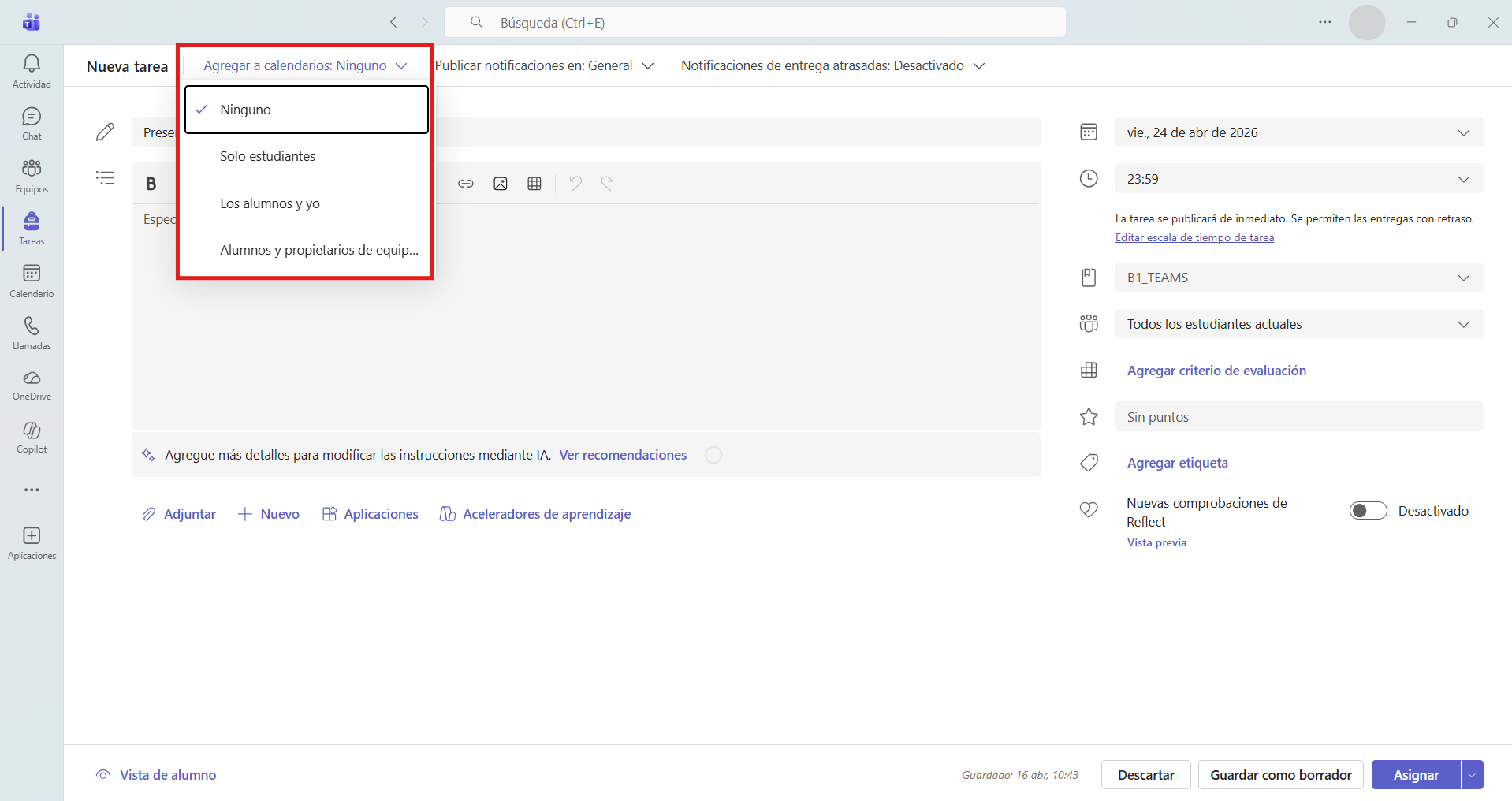 Captura de pantalla que muestra cómo agregar la tarea en los calendarios de los diferentes miembros del equipo en Microsoft Teams