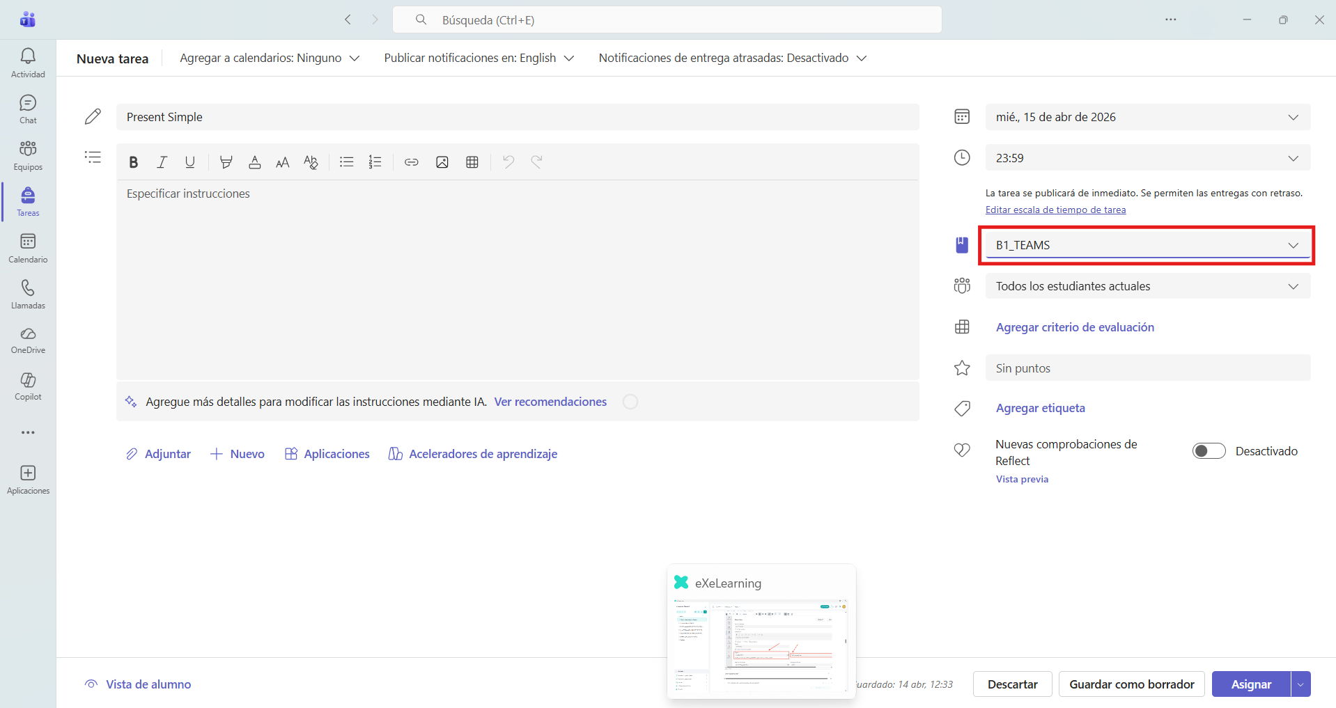 Captura de pantalla que muestra como seleccionar el grupo/clase al que se le asignará la tarea en Microsoft Teams