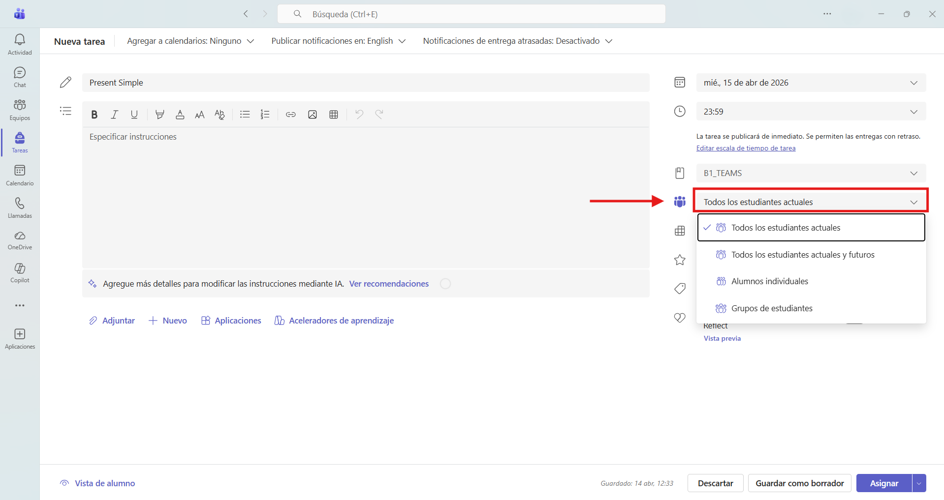 Captura de pantalla que muestra como seleccionar a los alumnos a los que se les asignará una tarea, dentro de un determinado grupo/clase en Microsoft Teams.